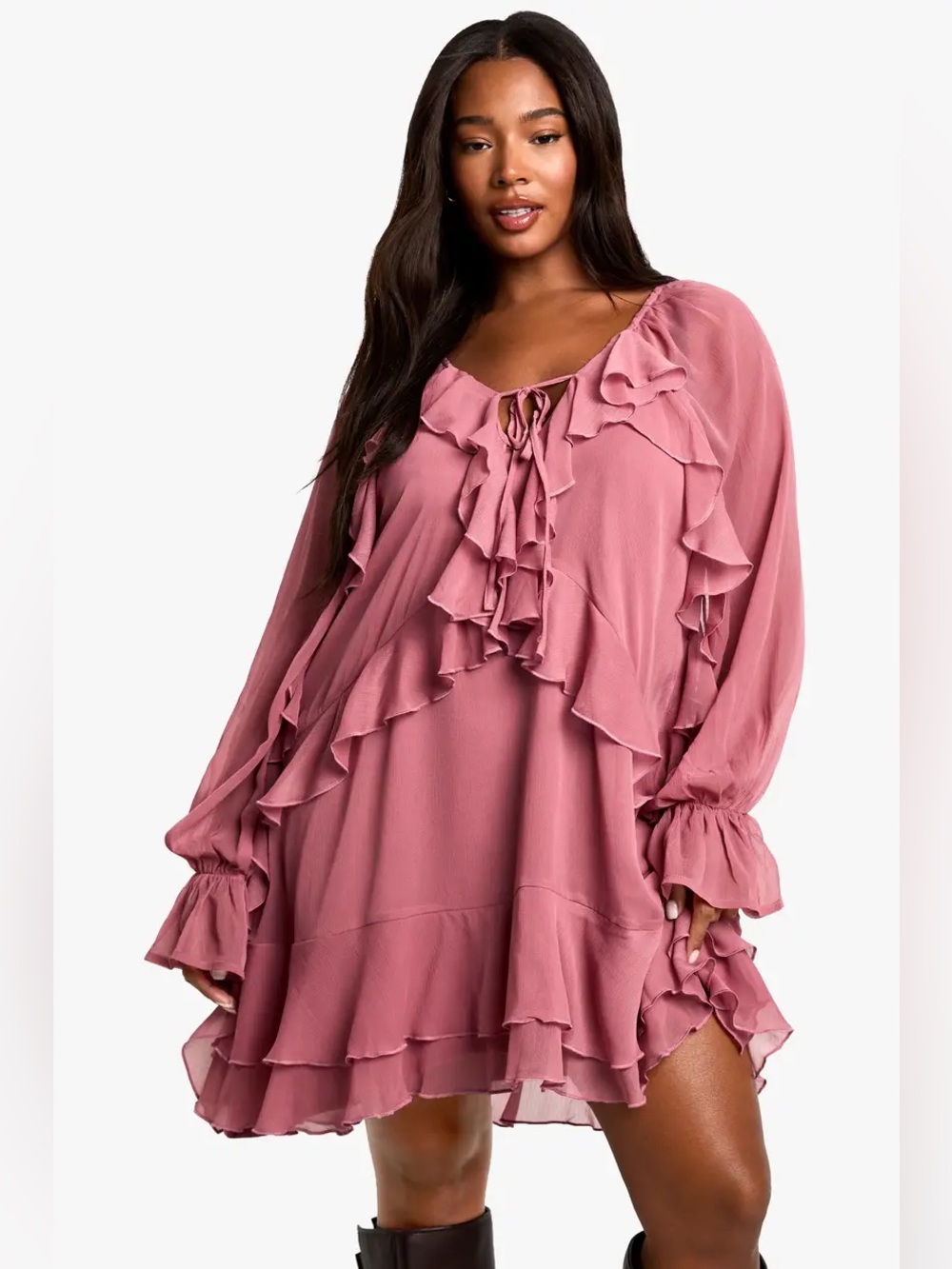 Plus Size Chiffon Ruffle Smock Dress